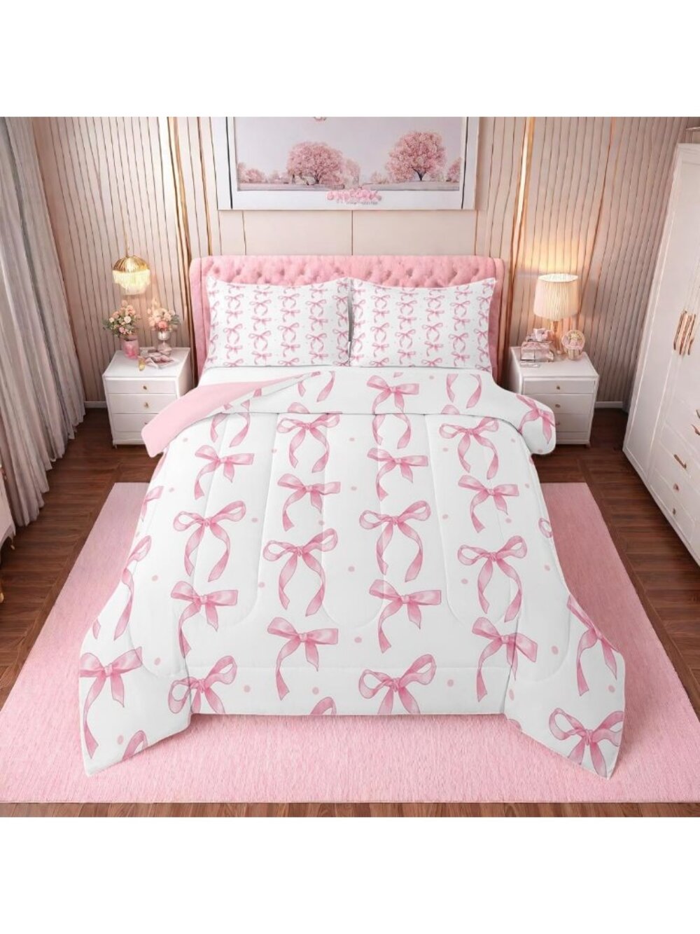 Pink Bow Queen Comforter Set - Cute Bedding for Girls & Teens, 2 Pillowcases
